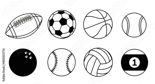 Collection of Various Sports Balls - Football, Soccer, Basketball, Tennis, Bowling, Baseball, Volleyball, and Billiard Ball.