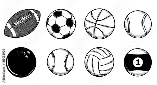 Collection of Various Sports Balls in Black and White Illustration.