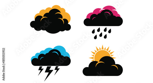 Colorful weather icons depicting clouds sun rain and lightning