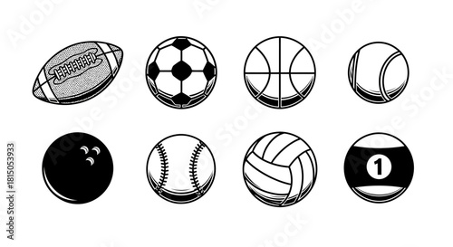 Collection of Various Sports Balls in Black and White Illustration.