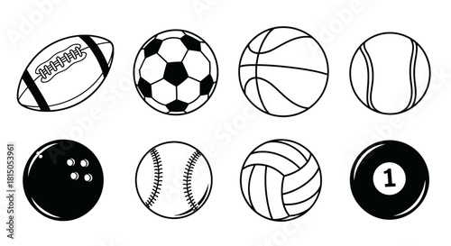 Collection of Various Sports Balls in Black and White Outline.