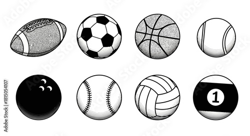 Collection of Various Sports Balls in Black and White Illustration.
