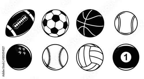 Collection of Various Sports Balls in Black and White Outline.
