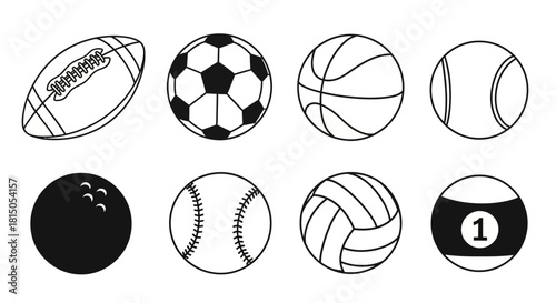 Collection of Various Sports Balls in Black and White Outline.