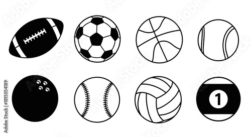 Collection of Various Sports Balls in Black and White Outline.