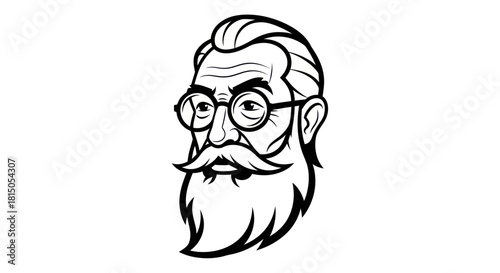 Detailed Line Art Portrait of a Bearded Man with Glasses.