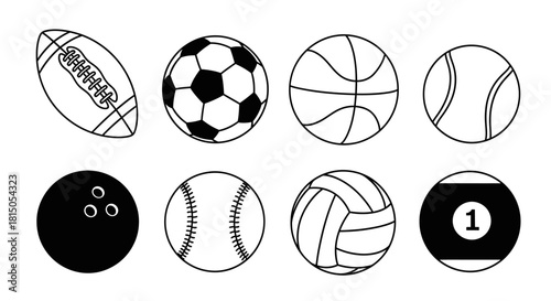Diverse Collection of Sports Balls - American Football, Soccer, Basketball, and More.