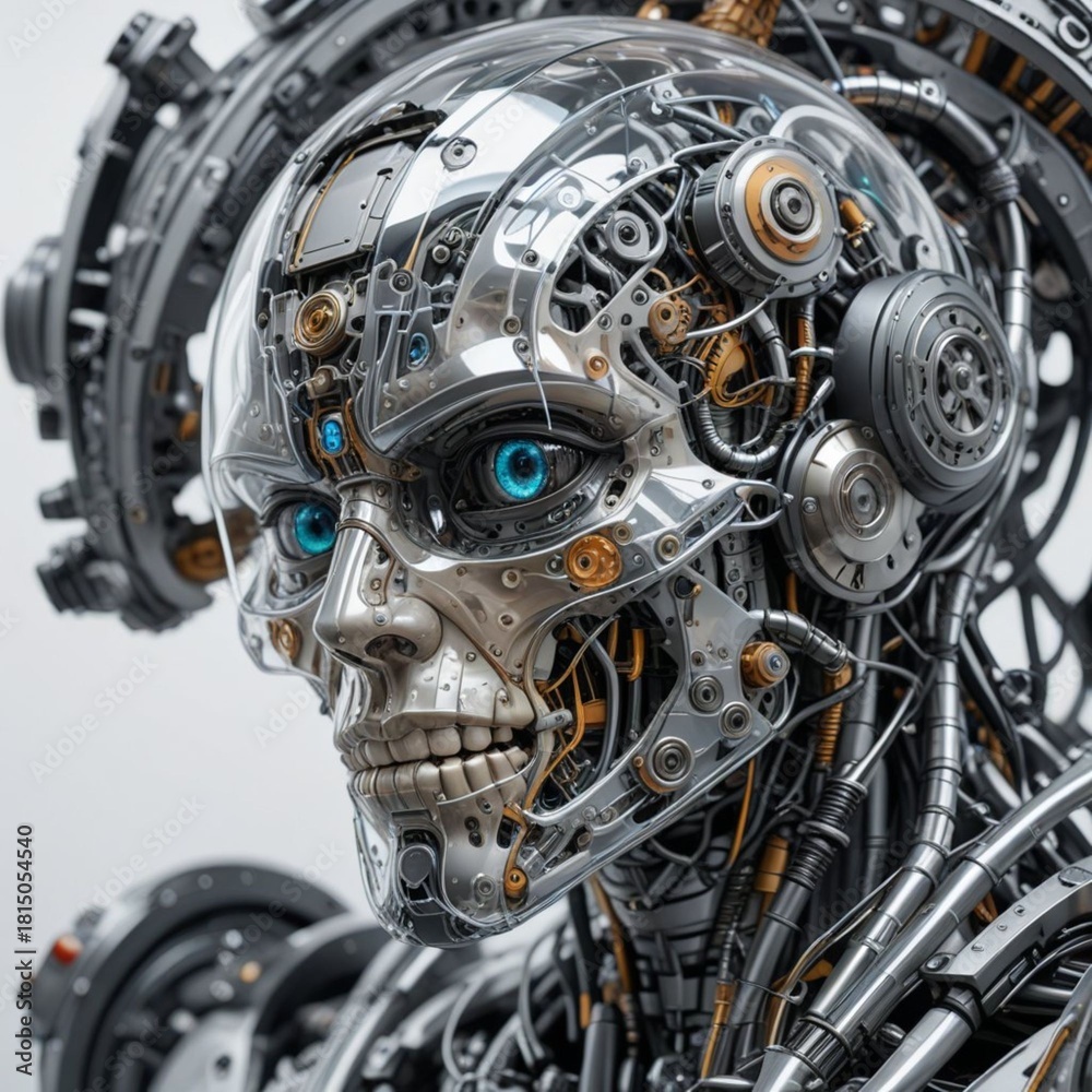 Obraz premium futuristic robotic skull, sleek robotic skull featuring intricate gears and illuminated blue sensors