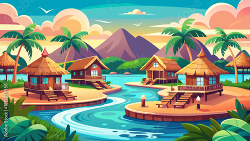 Very beautiful luxury resort featuring overwater bungalows set in a tropical paradise, offering a serene vacation destination ideal for travel guides, planning inspiration, and dreamy getaway experien