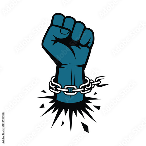 Illustration of a clenched fist breaking free from chains, symbolizing freedom, strength, and resistance isolated on