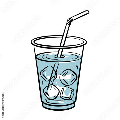 Illustration of a refreshing cup of water with ice cubes and a straw, perfect for summer isolated on