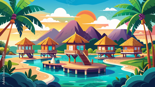 Very beautiful luxury resort featuring overwater bungalows set in a tropical paradise, offering a serene vacation destination ideal for travel guides, planning inspiration, and dreamy getaway experien