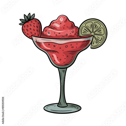 Illustration of a refreshing strawberry daiquiri, isolated on, garnished with a fresh strawberry and lime, perfect for a summer cocktail party