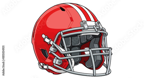 Red Football Helmet with White Stripes and Silver Facemask.