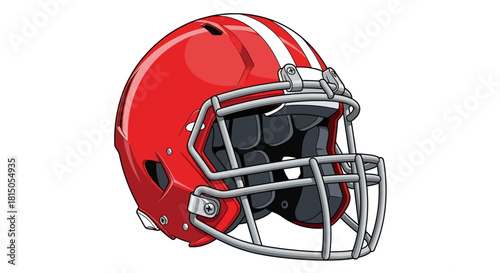 Red Football Helmet with White Stripes and Silver Facemask.