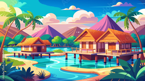 Very beautiful luxury resort featuring overwater bungalows set in a tropical paradise, offering a serene vacation destination ideal for travel guides, planning inspiration, and dreamy getaway experien