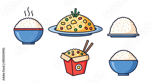 Colorful illustration of various rice dishes and takeout containers