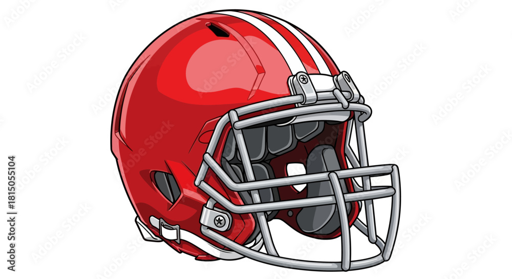 Fototapeta premium Red Football Helmet with White Stripes and Silver Facemask.