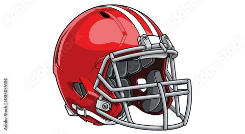 Red Football Helmet with White Stripes and Silver Facemask.