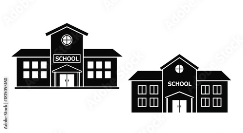 Simple black and white illustrations of two distinct school building designs
