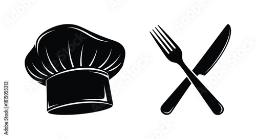 Culinary icons a chef s hat fork and knife in a black and white design