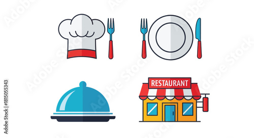 Culinary icons chef hat plate cutlery covered dish and restaurant facade