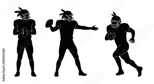Silhouetted American Football Players in Action - Throwing, Holding, and Running.