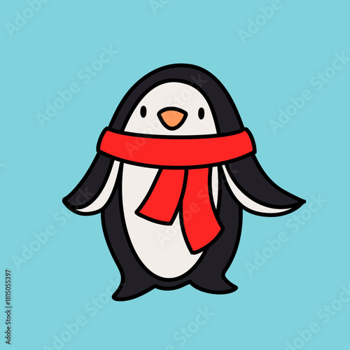 Minimalist Vector Icon of a Penguin with Red Scarf on Light Blue Background