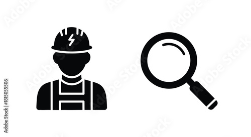 Construction worker with electrical symbol and a magnifying glass icon