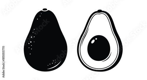 Simple black and white illustration of a whole avocado and a halved avocado