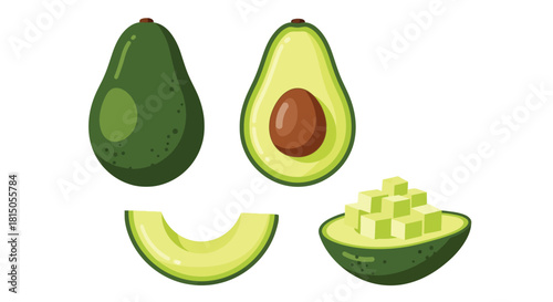 Illustration of whole and sliced avocados showing the pit and diced flesh