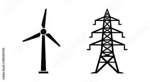 Simple black and white illustration depicting a wind turbine and power lines