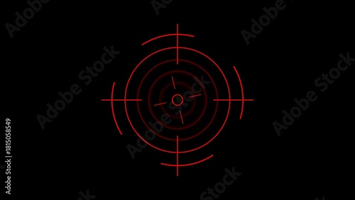 Red crosshair targeting system with concentric circles and arcs on black background reticle scope