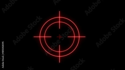 Red neon crosshair reticle glowing on a black background with concentric circles and a central cross