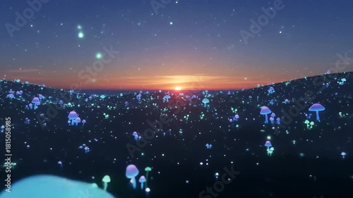Enchanted Mushroom Meadow at Sunset A Magical Fantasy Landscape
