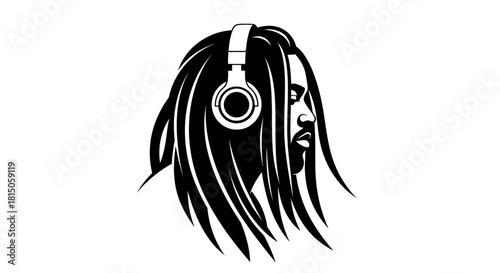 Silhouette of a person with dreadlocks wearing headphones listening to music.