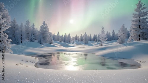 Winter Aurora Borealis Over Snowy Landscape with Ice Pond Reflecting Colors