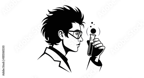 Scientist holding a bubbling test tube with a curious expression.