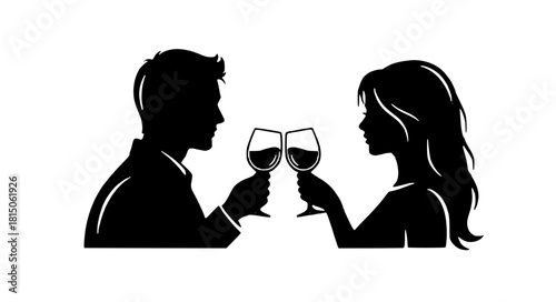 Romantic evening toast silhouette, celebrating love with wine glasses raised