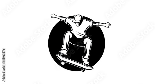 Dynamic Skateboarder Performing an Ollie Trick in Black and White.