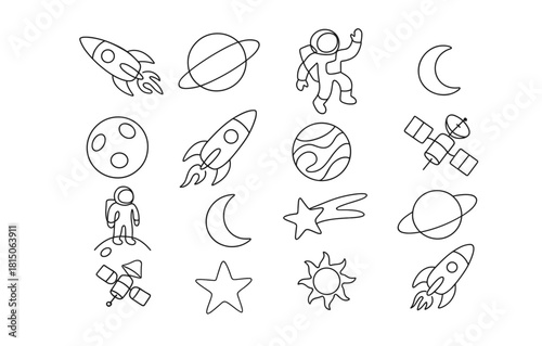 Space exploration icons featuring rockets, astronauts, and celestial bodies in linear style