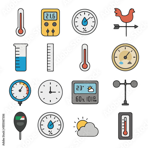 Weather Forecasting Tools: A collection of various instruments used for weather forecasting, from thermometers to anemometers, each essential in the process of weather prediction. 