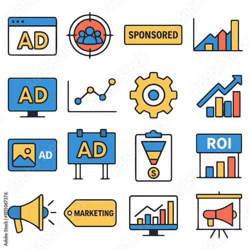 Digital Marketing Icon Set: A comprehensive collection of modern digital marketing icons, encompassing strategies and tools. Explore advertising, SEO, social media, and more. 