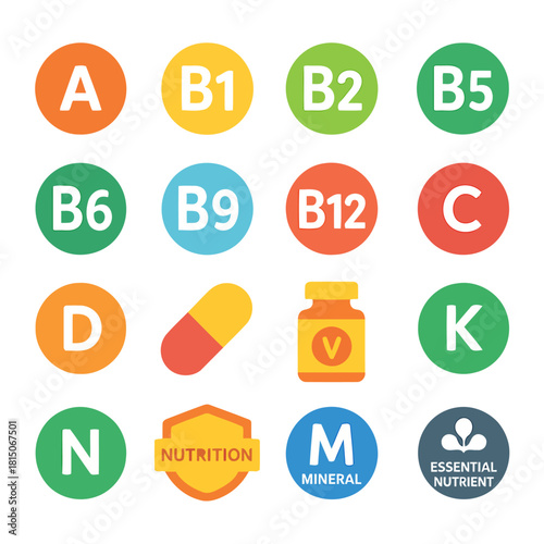 Essential Vitamins and Nutrients: A vibrant illustration showcasing essential vitamins and nutrients in a health conscious, medical context. 