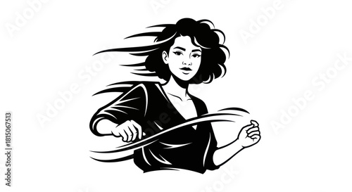 Dynamic Woman with Flowing Hair and Ribbon in Black and White.