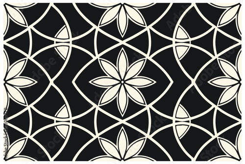 Luxury Black and White Floral Pattern | Stylish Geometric Tile Design for Fabric, Interior, Wallpaper, and Fashion | Classic Digital Texture with Ornamental Aesthetic and Sophisticated Elegance