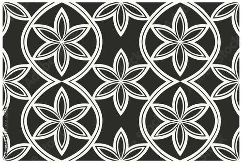 Luxury Black and White Floral Pattern | Stylish Geometric Tile Design for Fabric, Interior, Wallpaper, and Fashion | Classic Digital Texture with Ornamental Aesthetic and Sophisticated Elegance