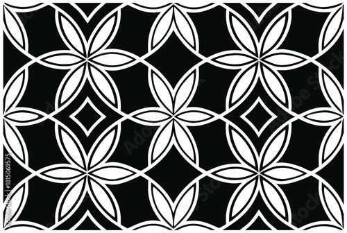 Luxury Black and White Floral Pattern | Stylish Geometric Tile Design for Fabric, Interior, Wallpaper, and Fashion | Classic Digital Texture with Ornamental Aesthetic and Sophisticated Elegance