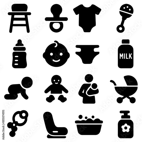 Icons of Infant Care: A collection of meticulously crafted silhouette icons presents a comprehensive overview of infant care essentials, symbolizing the tender love and needs of a young child.