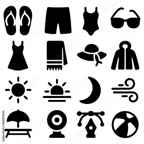 Summer Icon Set: An array of summer essentials, sunglasses, bathing suits, and sunshine, presented as bold black icons. Perfect for design projects or travel themes. 